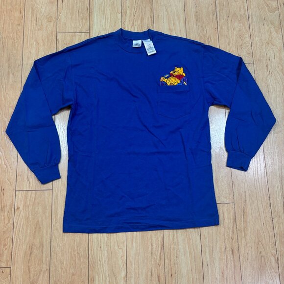 VTG Disney Store Winnie The Pooh Embroidered Pocket Long Sleeve Blue T-Shirt Lg - Picture 1 of 6